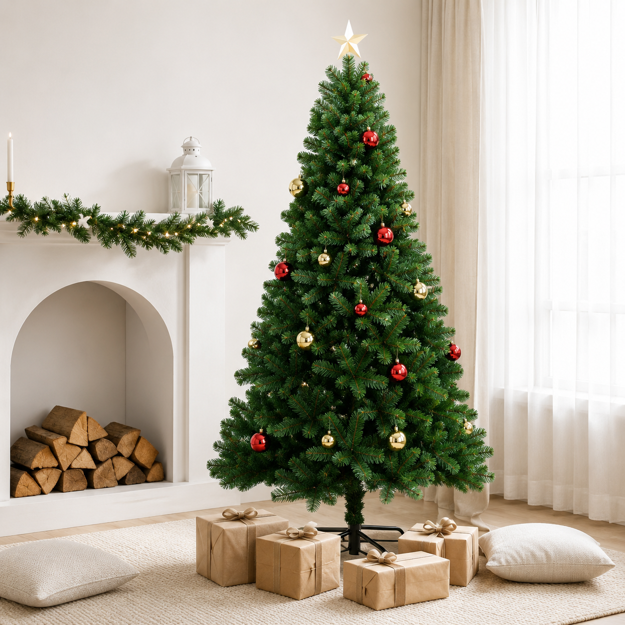 6-7ft Pre-Lit Artificial Christmas Tree – Hinged Pine with Warm White Lights