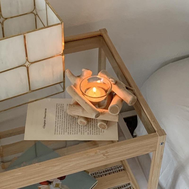 Coastal Tealight Candle Holder Wood Frame and Glass Indoor Tabletop Decor