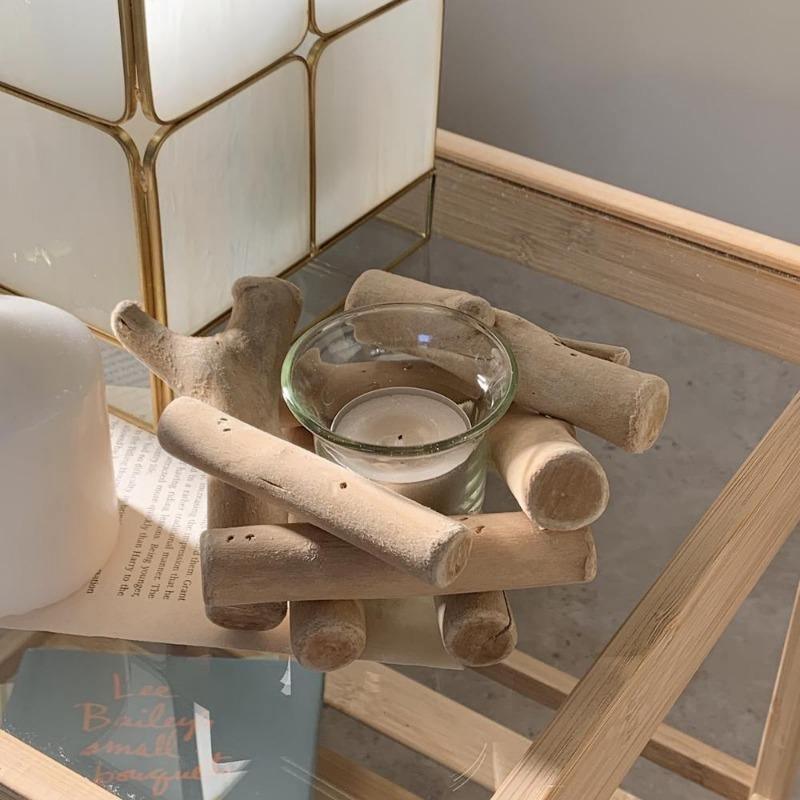Coastal Tealight Candle Holder Wood Frame and Glass Indoor Tabletop Decor