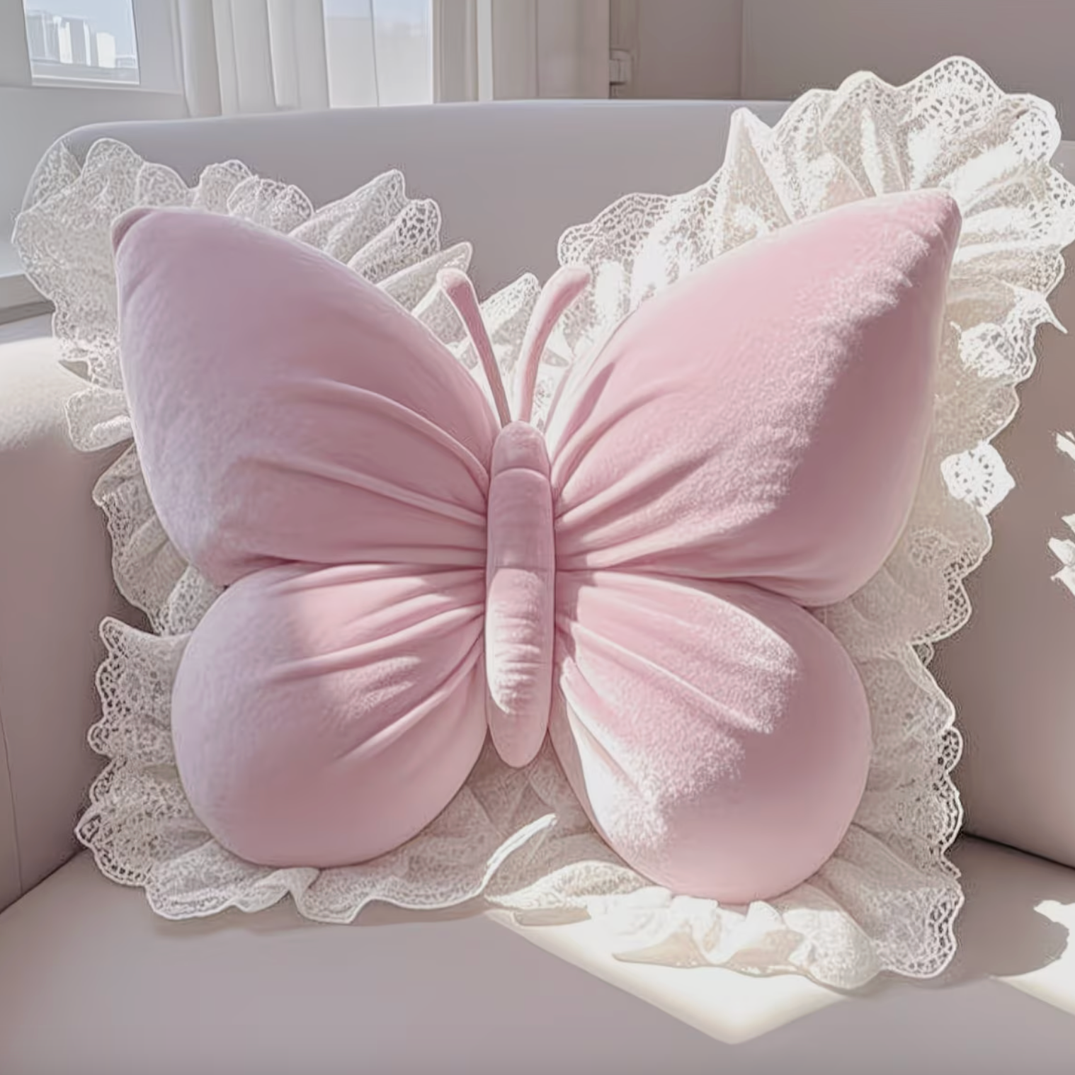 Decorative Pillow Butterfly Shape Fabric Lace Detail Indoor Use