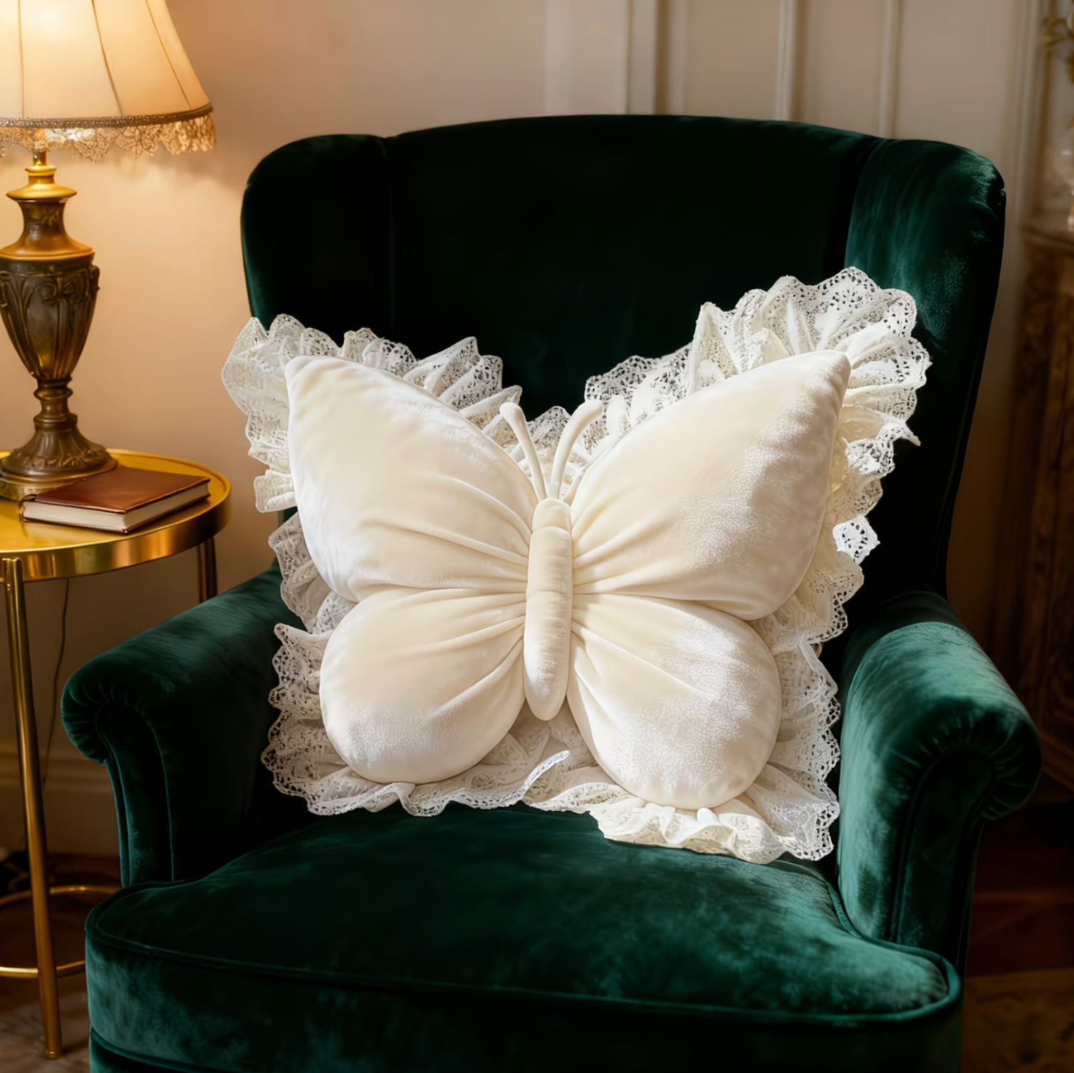 Decorative Pillow Butterfly Shape Fabric Lace Detail Indoor Use