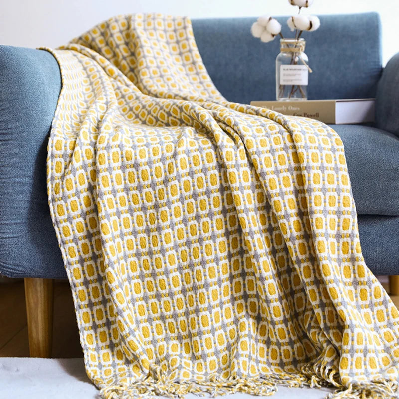 Throw Blanket Acrylic Fiber Knit, Geometric Pattern, Tassel Fringe