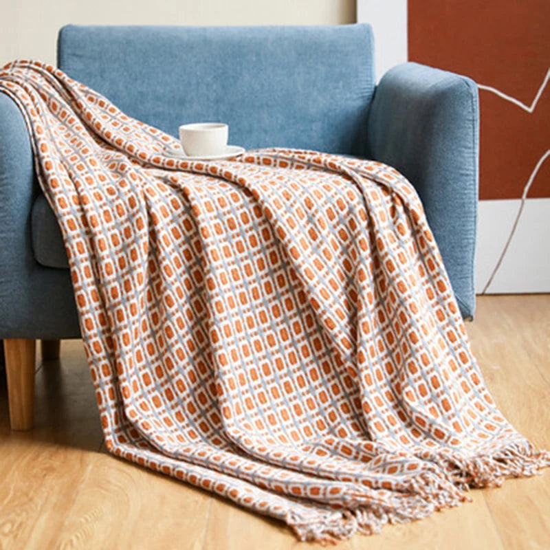 Throw Blanket Acrylic Fiber Knit, Geometric Pattern, Tassel Fringe