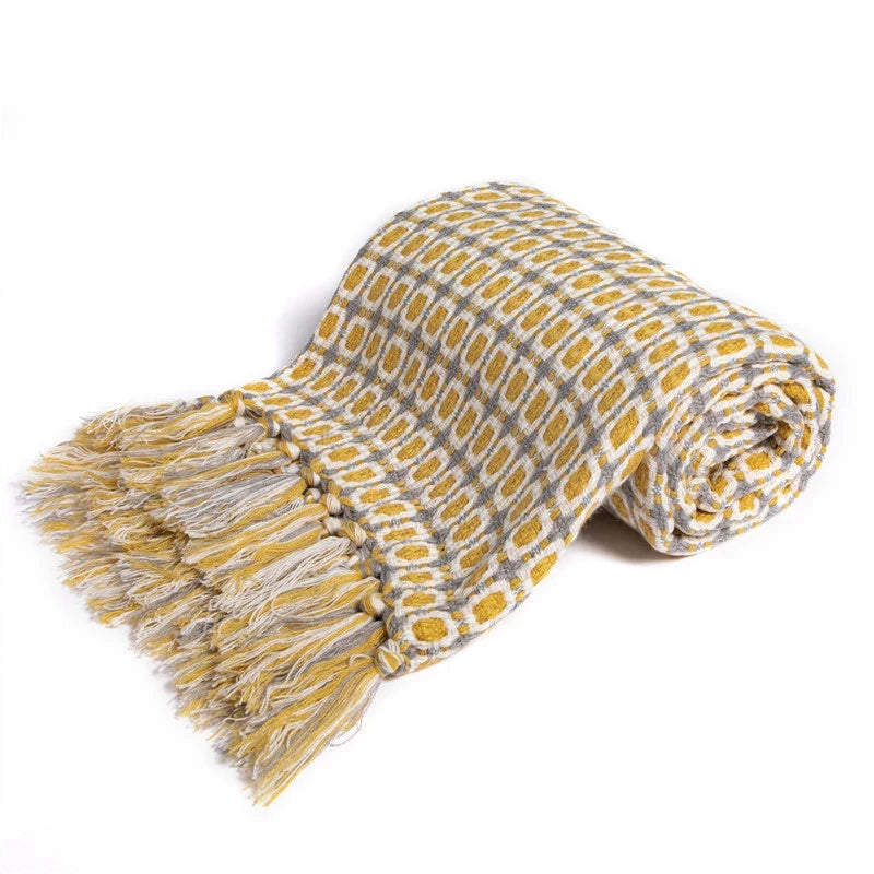 Throw Blanket Acrylic Fiber Knit, Geometric Pattern, Tassel Fringe