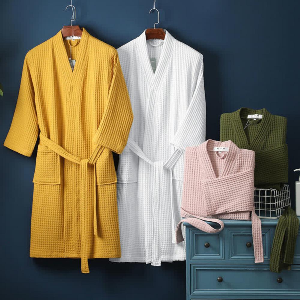 Men’s Robe Cotton Waffle Fabric Adjustable Tie Belt