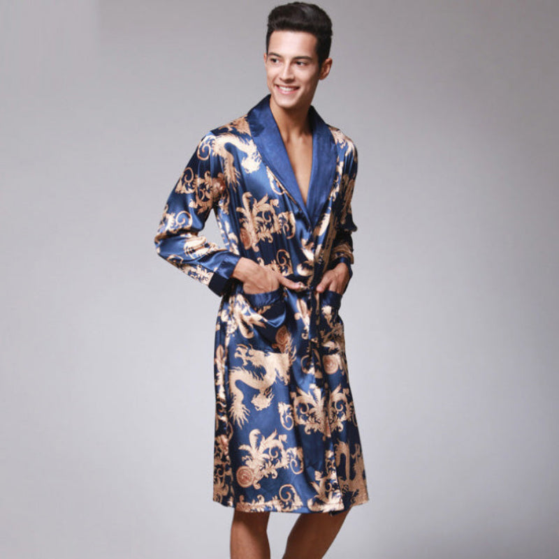 Mens Robe Kimono Style Knee Length Navy Blue