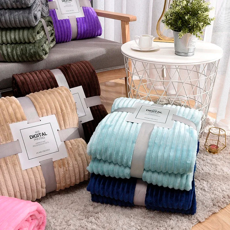 Plush Blanket Polyester Ribbed Surface Machine Washable Lightweight