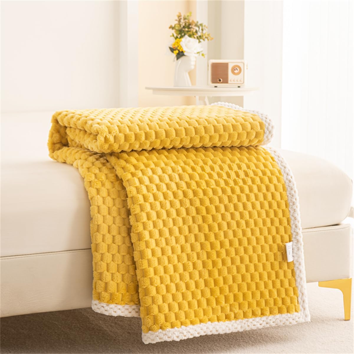 Throw Blanket Polyester Waffle Weave Yellow Multiple Sizes Machine Washable