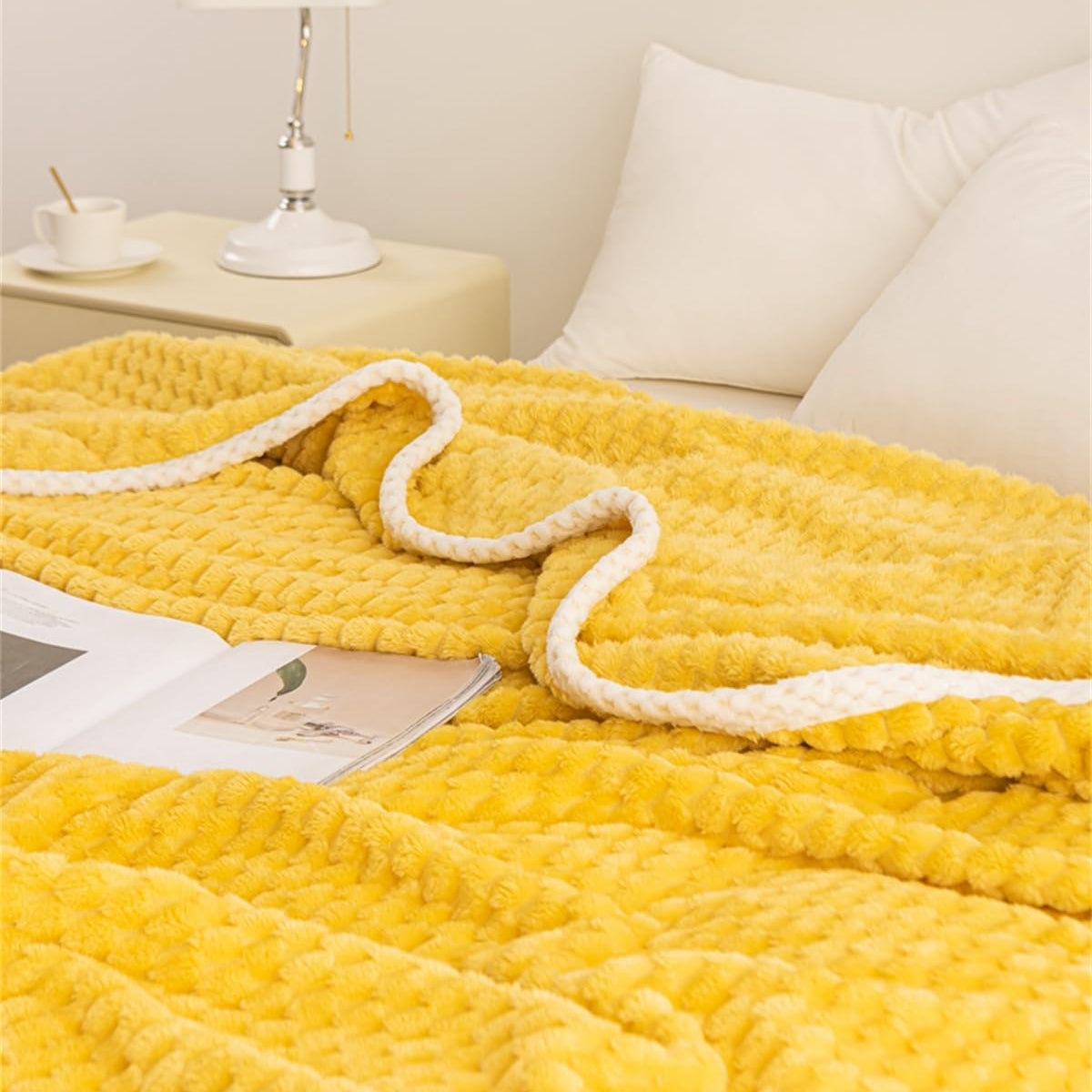 Throw Blanket Polyester Waffle Weave Yellow Multiple Sizes Machine Washable