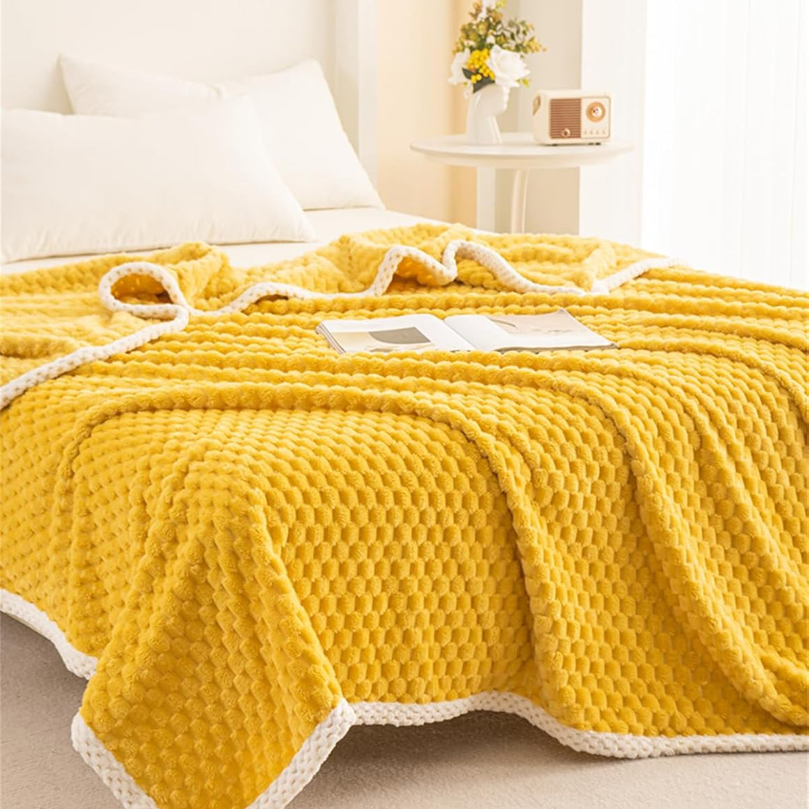Throw Blanket Polyester Waffle Weave Yellow Multiple Sizes Machine Washable