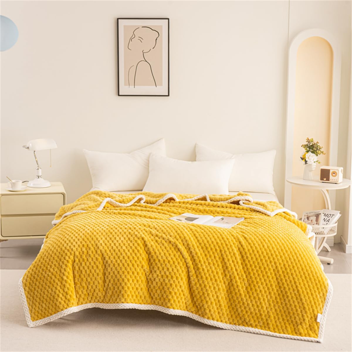 Throw Blanket Polyester Waffle Weave Yellow Multiple Sizes Machine Washable