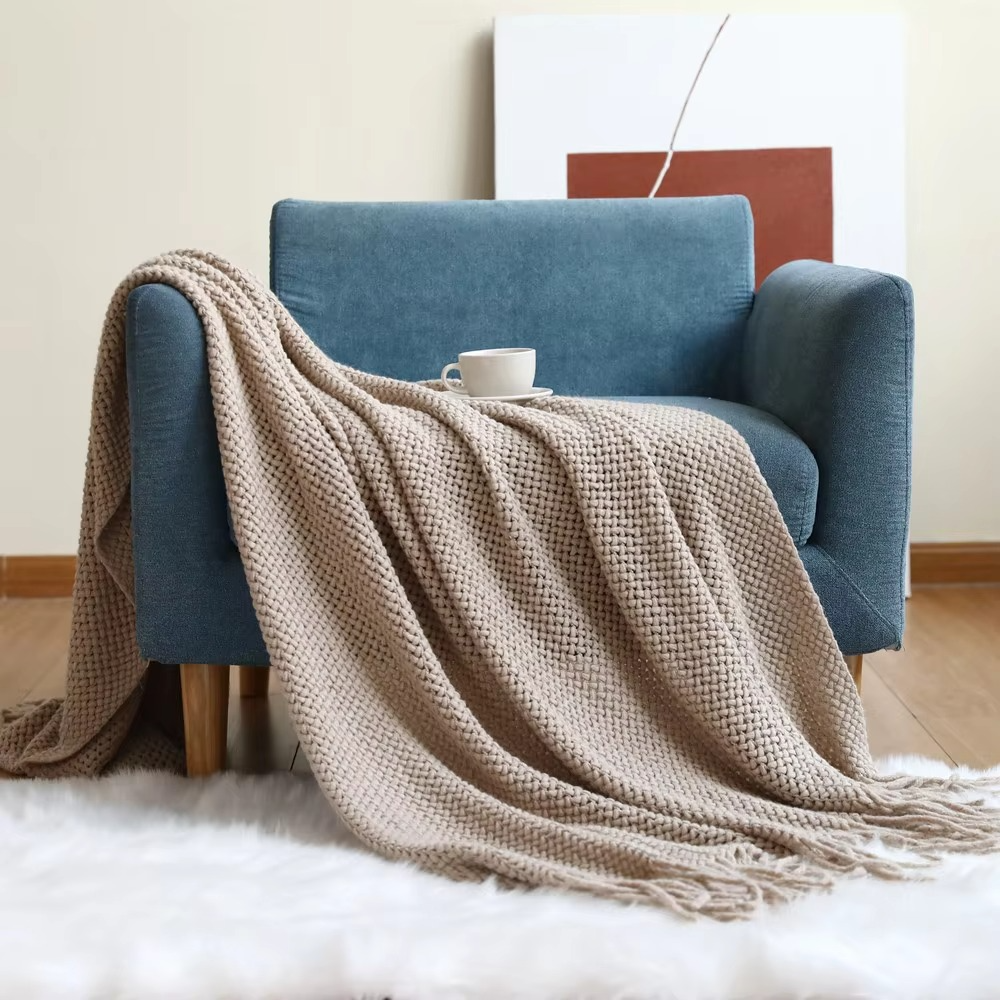 Knit Throw Blanket 100% Acrylic Fiber Soft Textured Sofa or Bed Throw