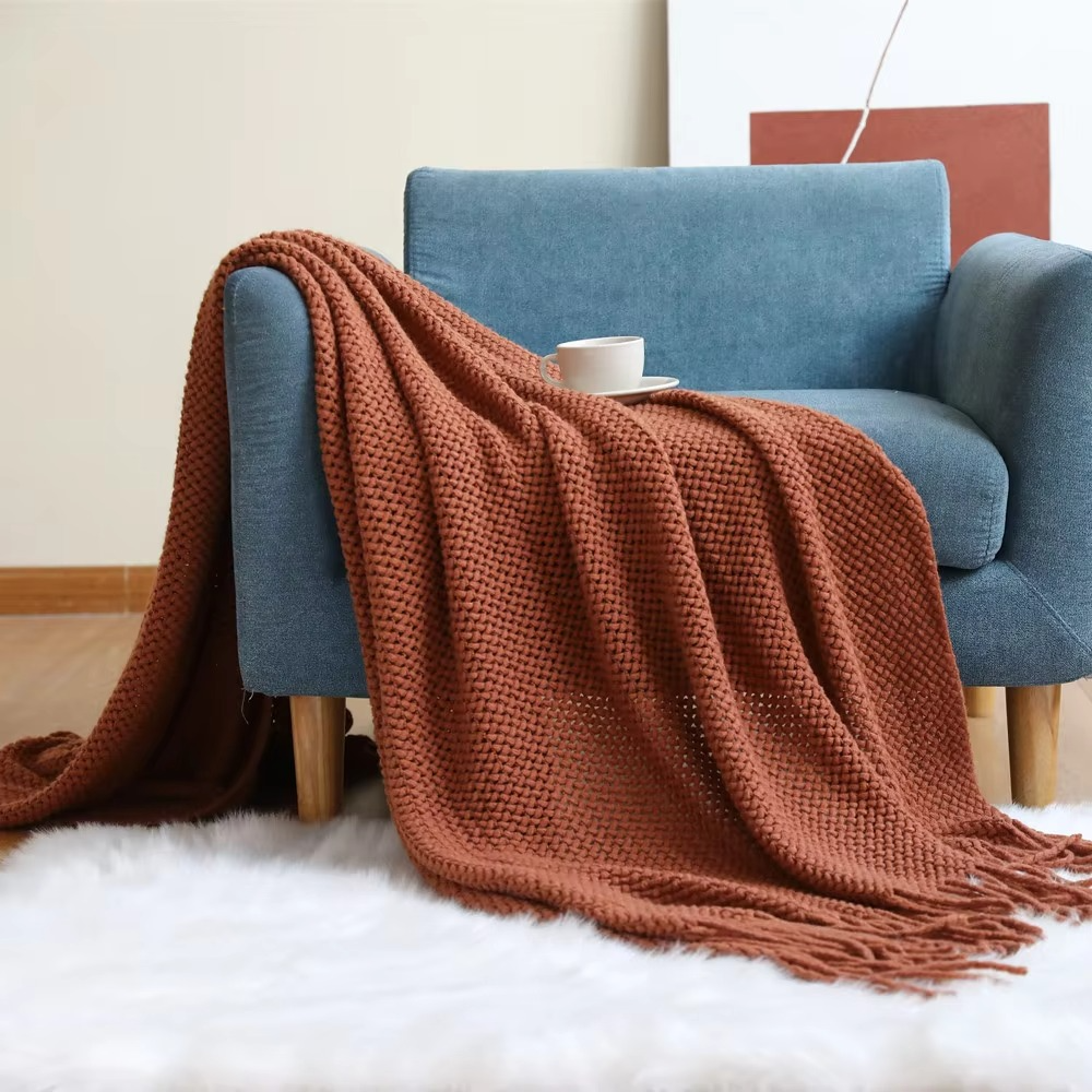 Knit Throw Blanket 100% Acrylic Fiber Soft Textured Sofa or Bed Throw