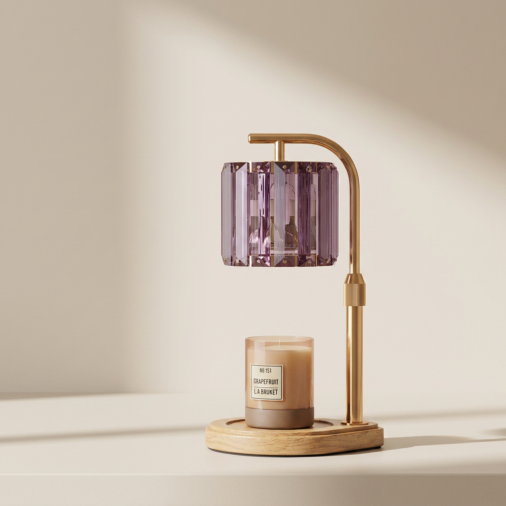 Plug-In Candle Warmer Lamp, Wood and Crystal Construction, Purple, Multi-Level Dimming