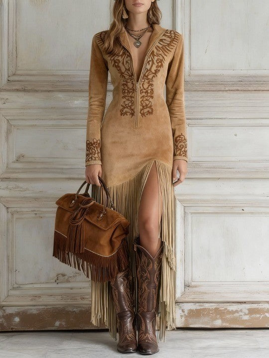 Emily | Women Long Sleeve Fringe Maxi Dress