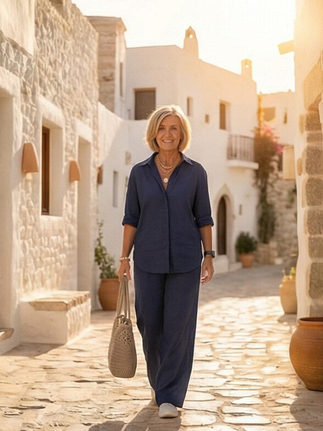 Women's casual linen set with button-down collared shirt and wide-leg pants