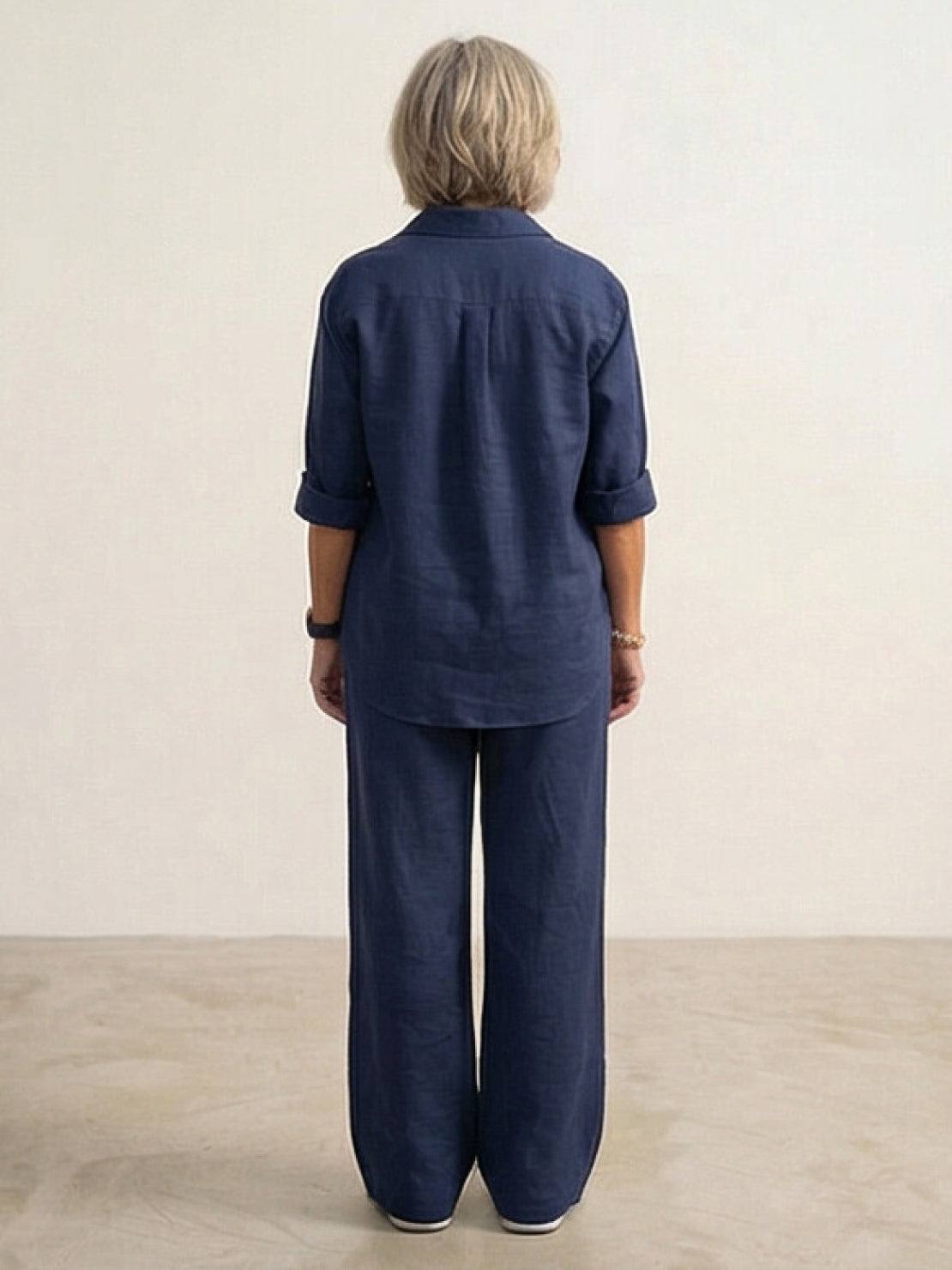Women's casual linen set with button-down collared shirt and wide-leg pants