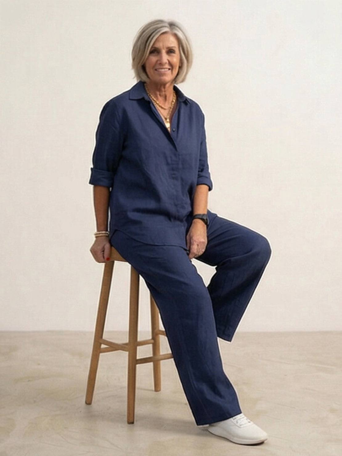 Women's casual linen set with button-down collared shirt and wide-leg pants