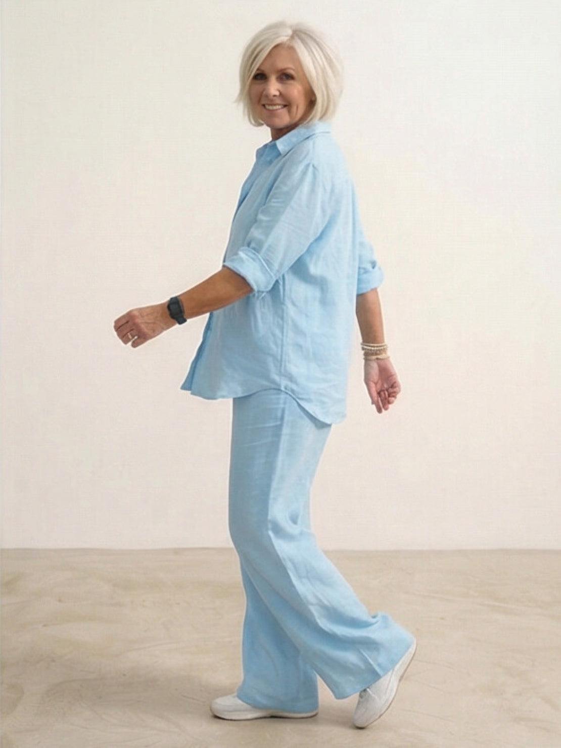 Women's casual linen set with button-down collared shirt and wide-leg pants