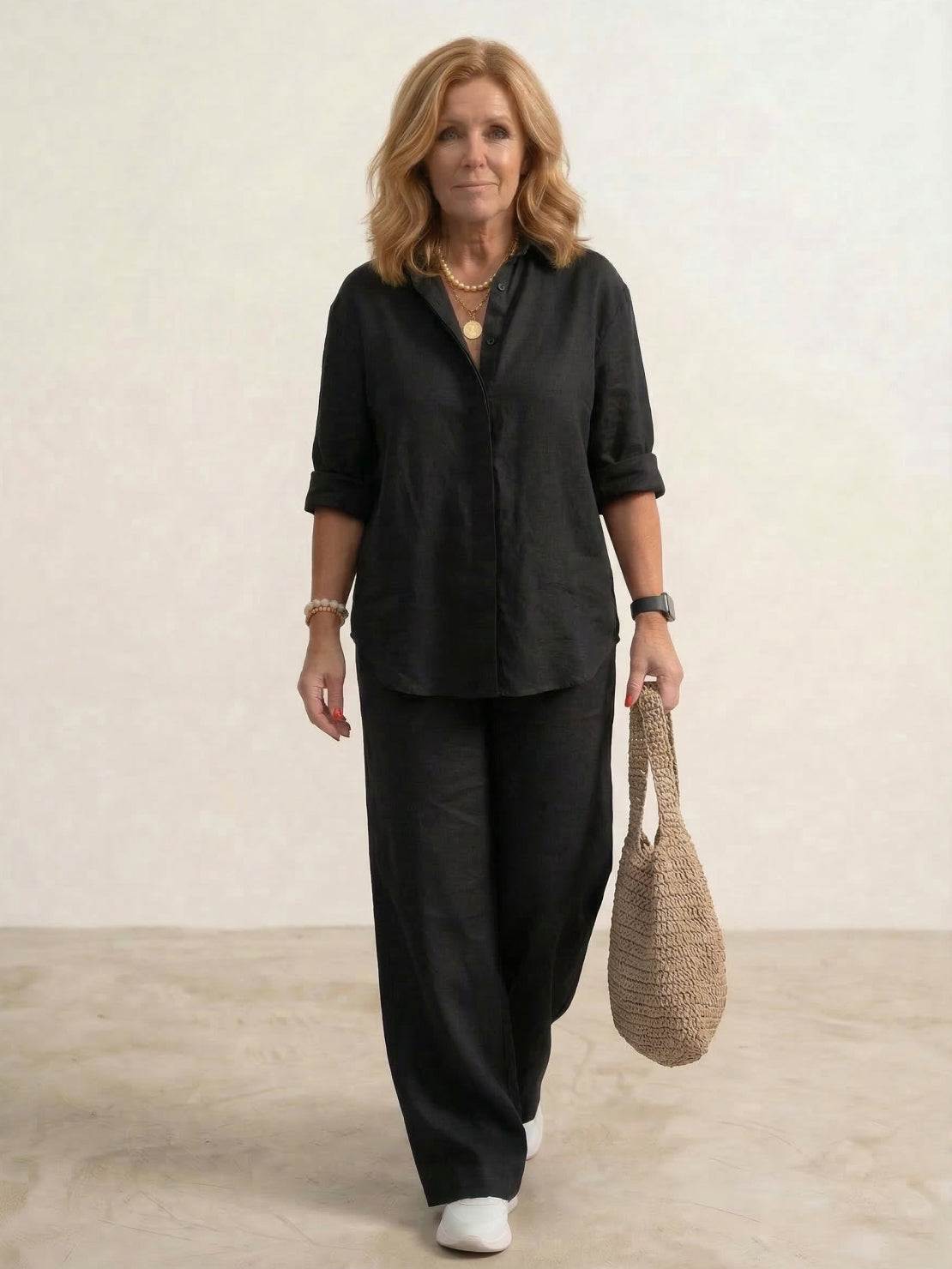 Women's casual linen set with button-down collared shirt and wide-leg pants