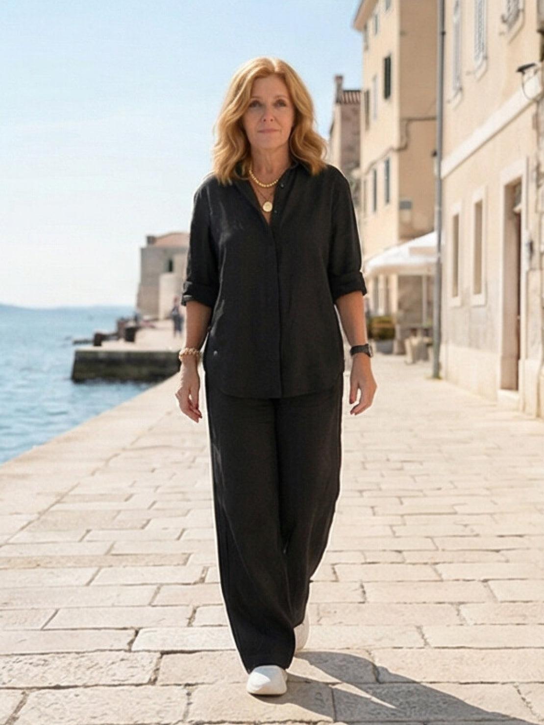 Women's casual linen set with button-down collared shirt and wide-leg pants