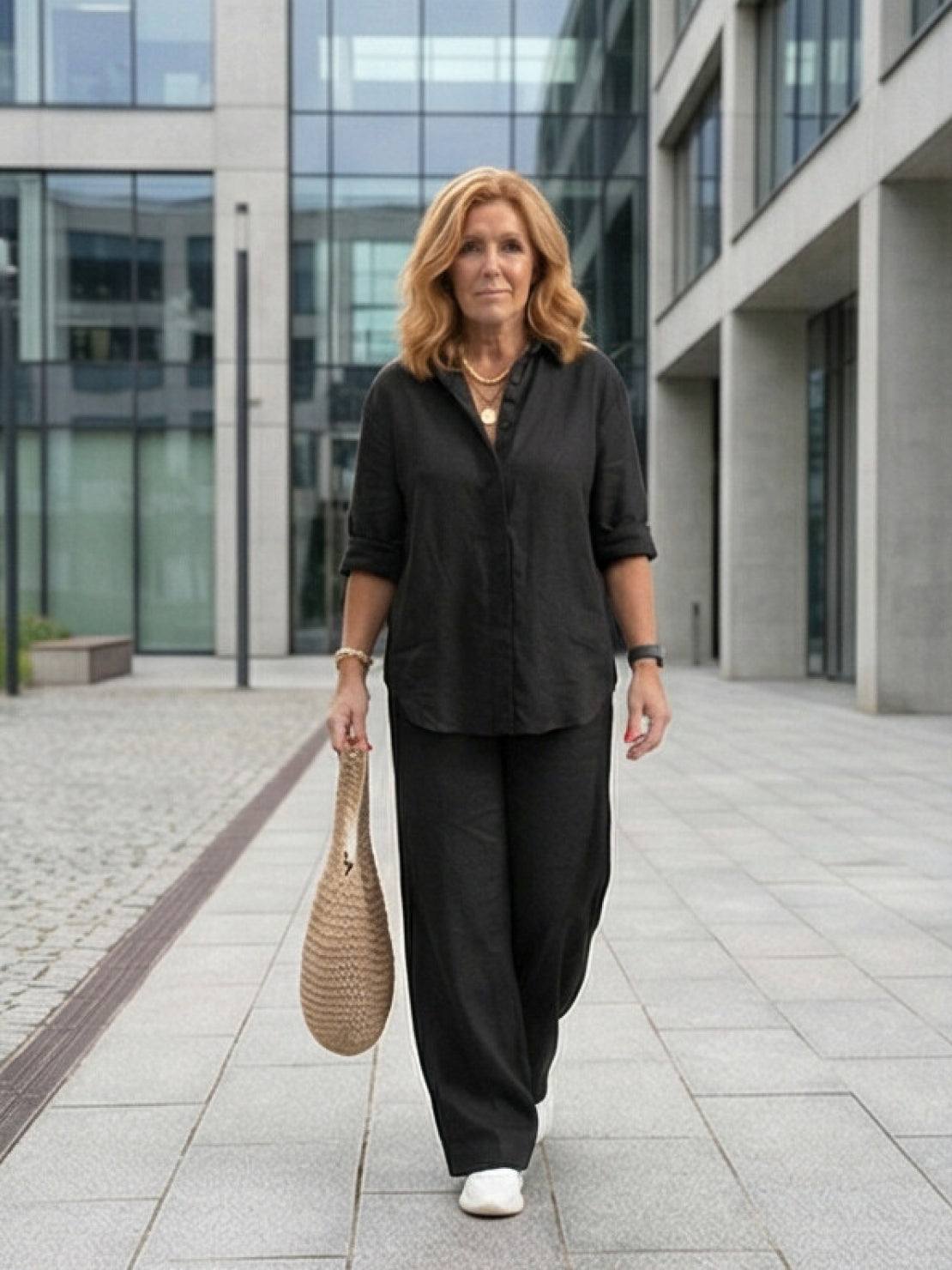 Women's casual linen set with button-down collared shirt and wide-leg pants