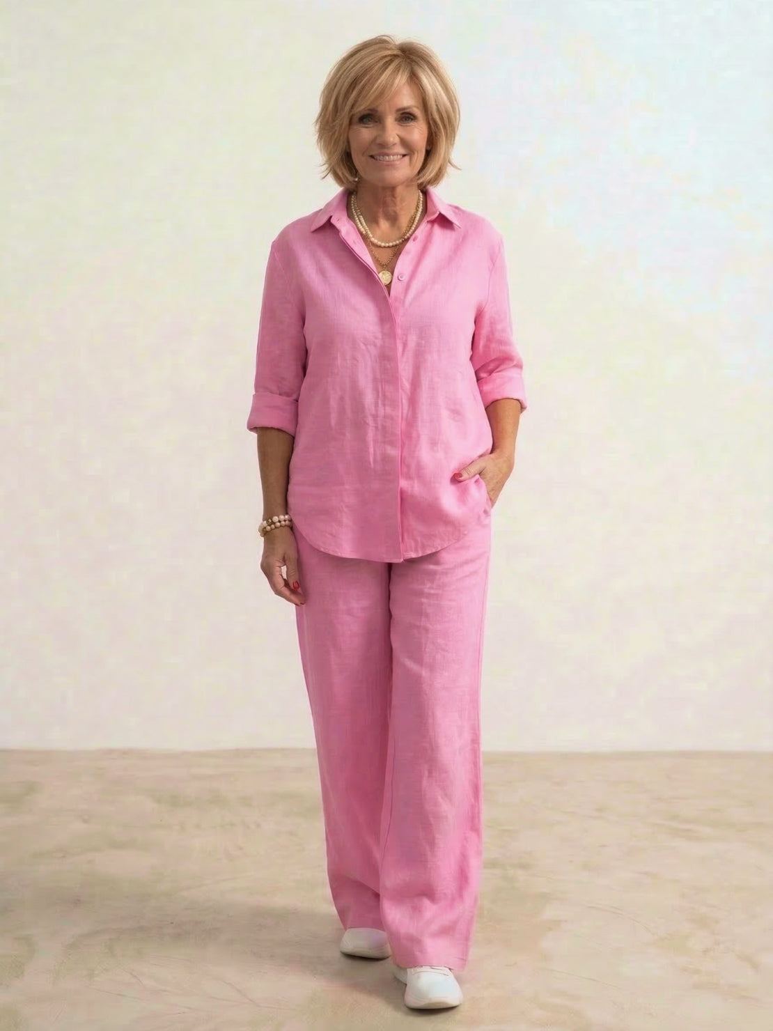 Women's casual linen set with button-down collared shirt and wide-leg pants