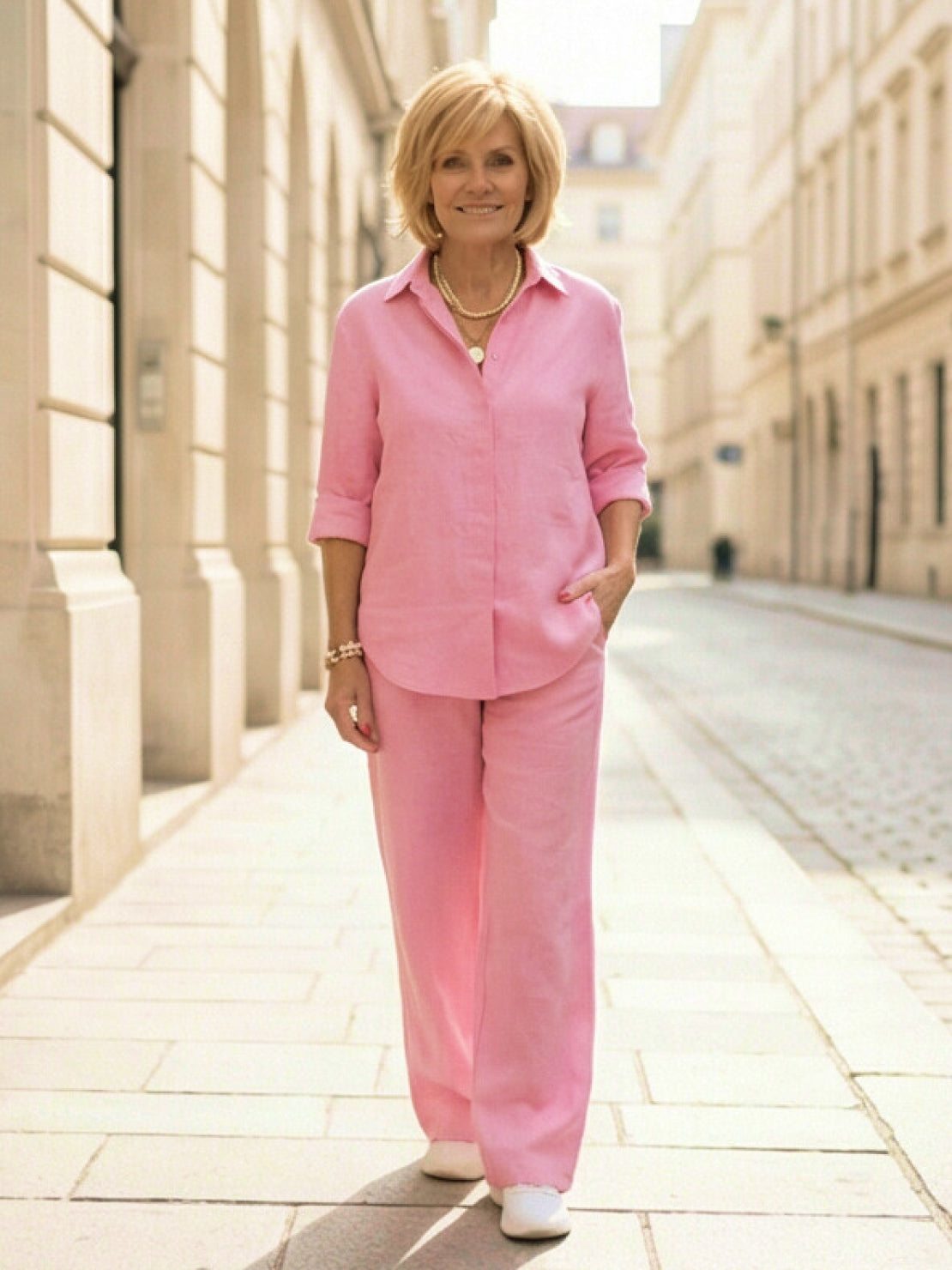 Women's casual linen set with button-down collared shirt and wide-leg pants