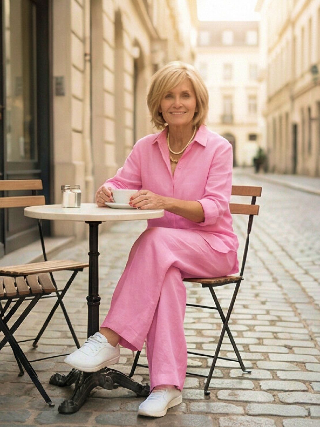 Women's casual linen set with button-down collared shirt and wide-leg pants