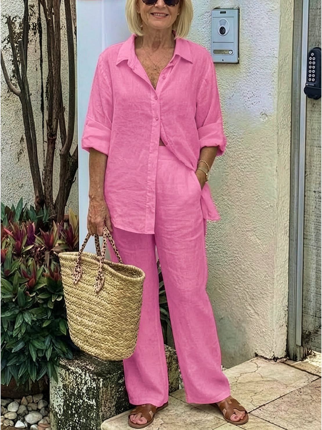 Women's casual linen set with button-down collared shirt and wide-leg pants