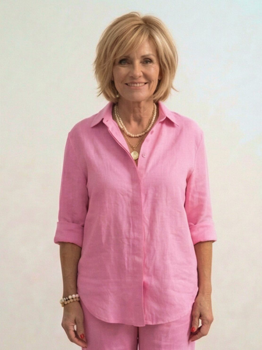 Women's casual linen set with button-down collared shirt and wide-leg pants