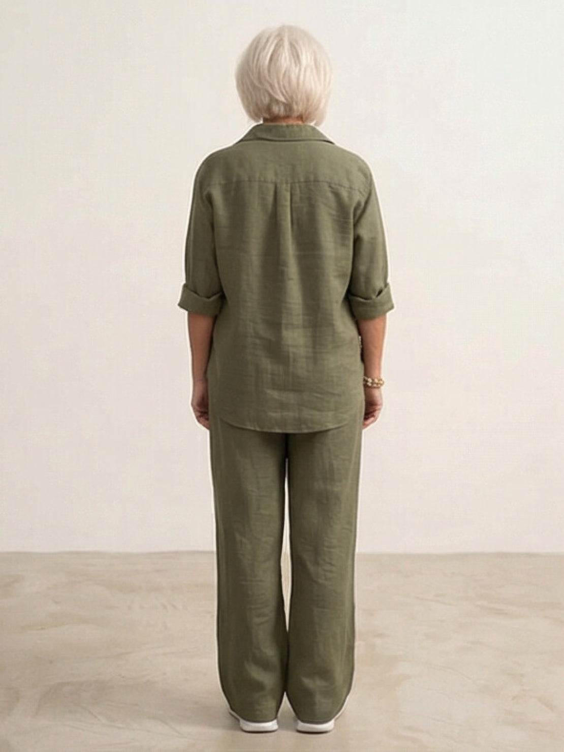 Women's casual linen set with button-down collared shirt and wide-leg pants
