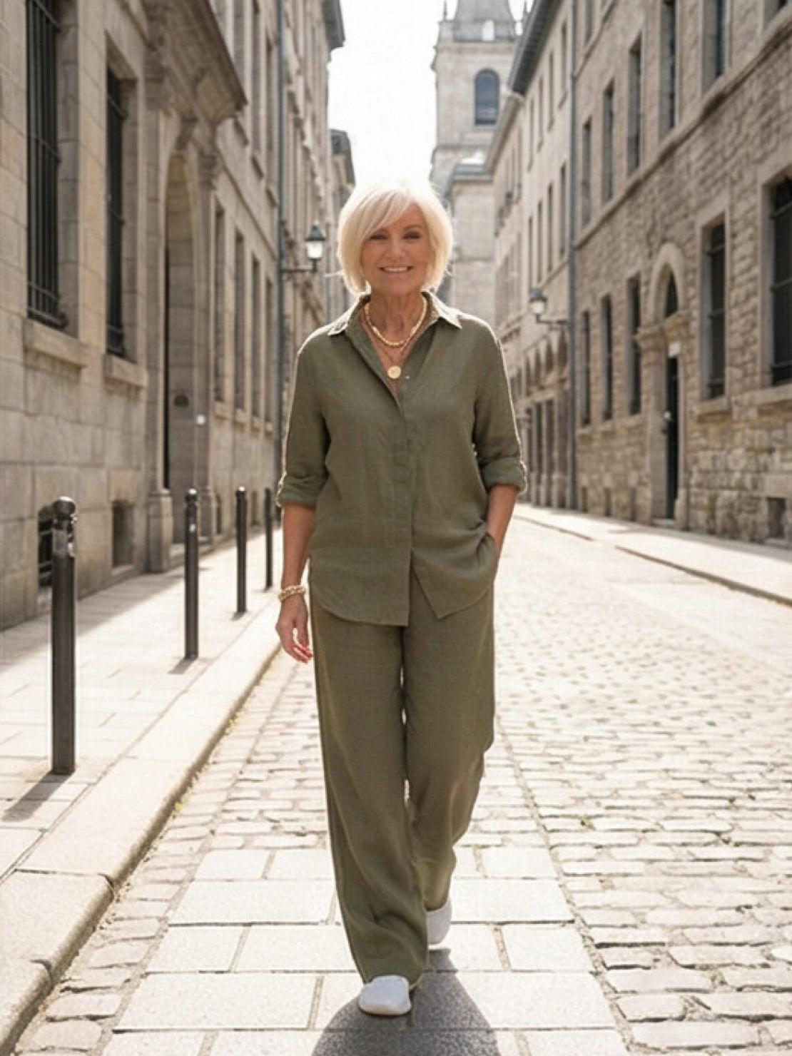 Women's casual linen set with button-down collared shirt and wide-leg pants