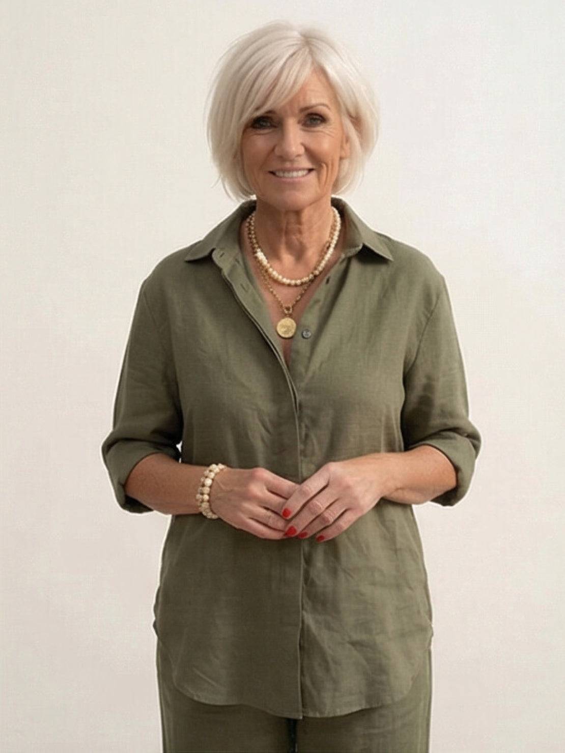 Women's casual linen set with button-down collared shirt and wide-leg pants