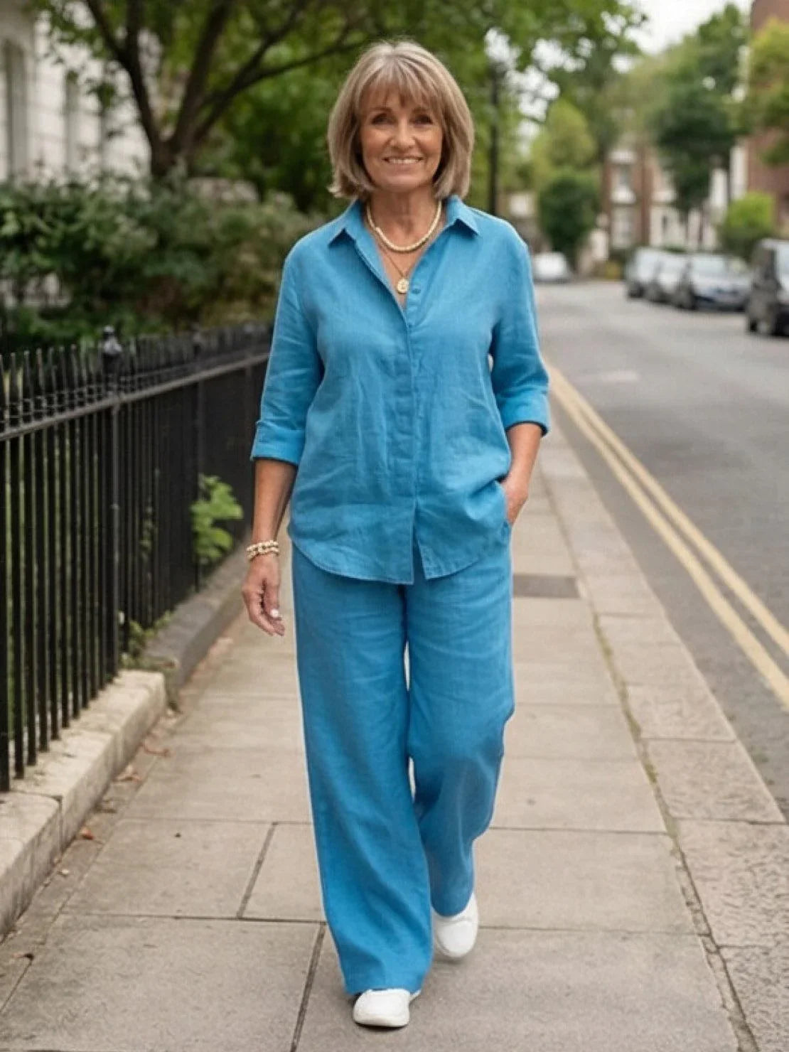 Women's casual linen set with button-down collared shirt and wide-leg pants