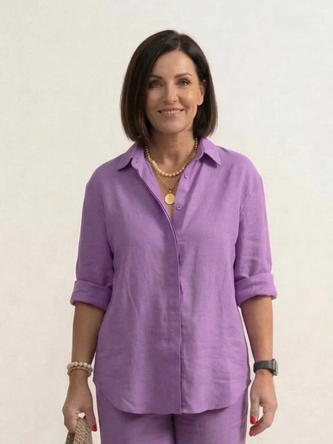 Women's casual linen set with button-down collared shirt and wide-leg pants