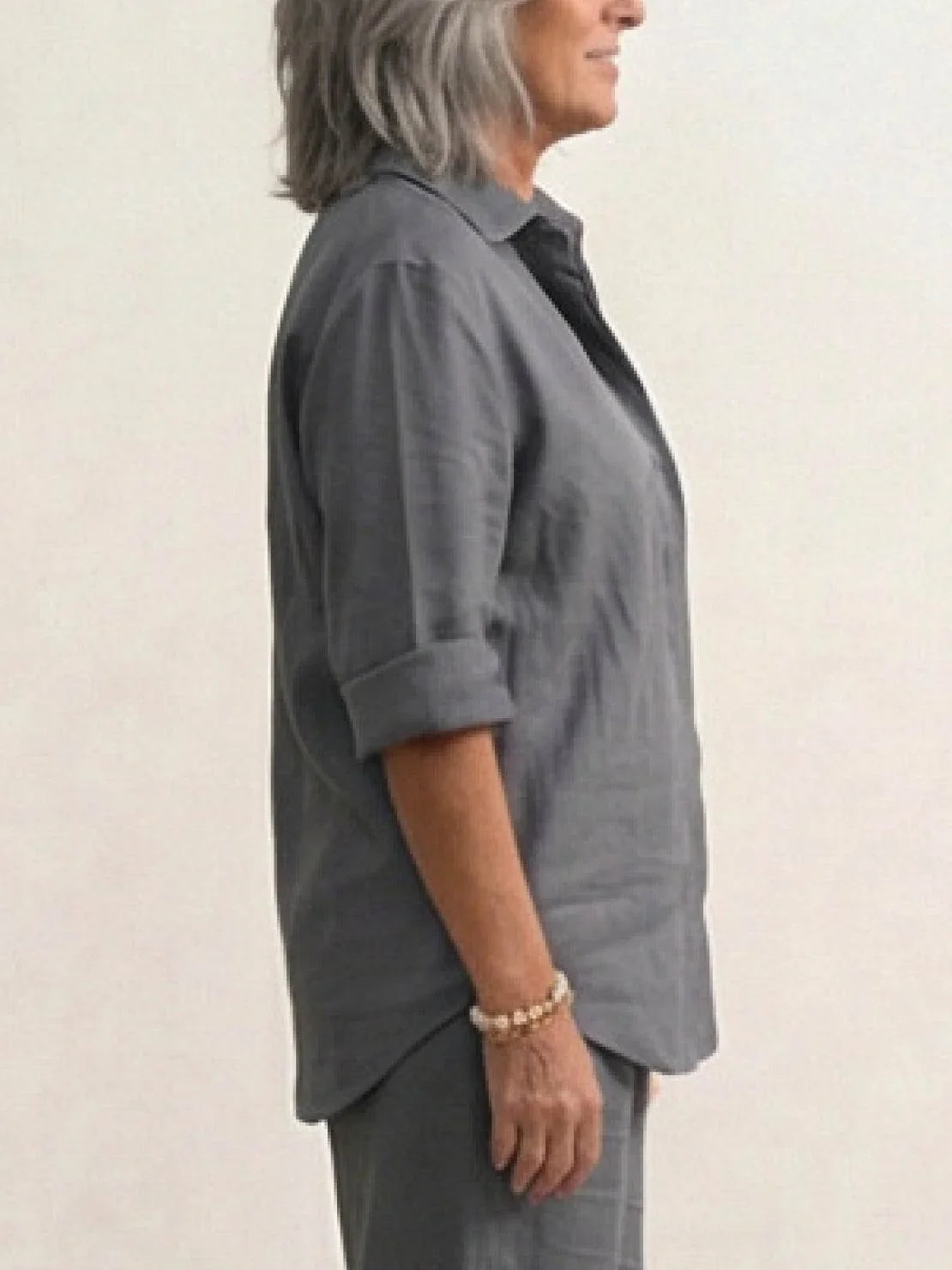 Women's casual linen set with button-down collared shirt and wide-leg pants