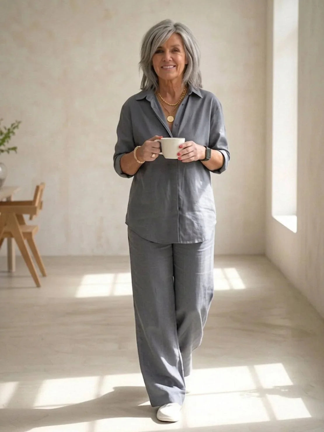 Women's casual linen set with button-down collared shirt and wide-leg pants