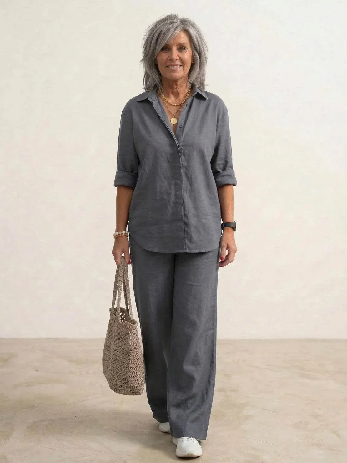 Women's casual linen set with button-down collared shirt and wide-leg pants