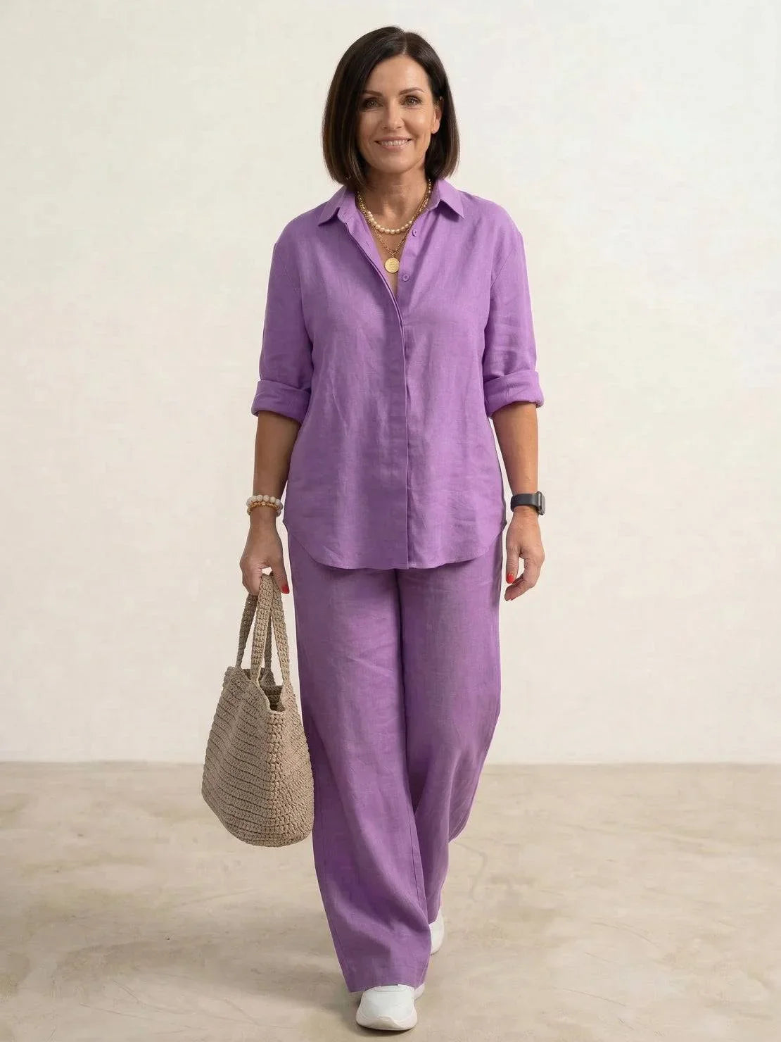 Women's casual linen set with button-down collared shirt and wide-leg pants