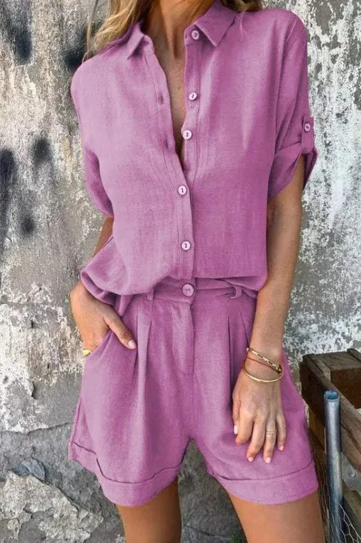 Women's lightweight collared shorts and top set with roll-tab short sleeves